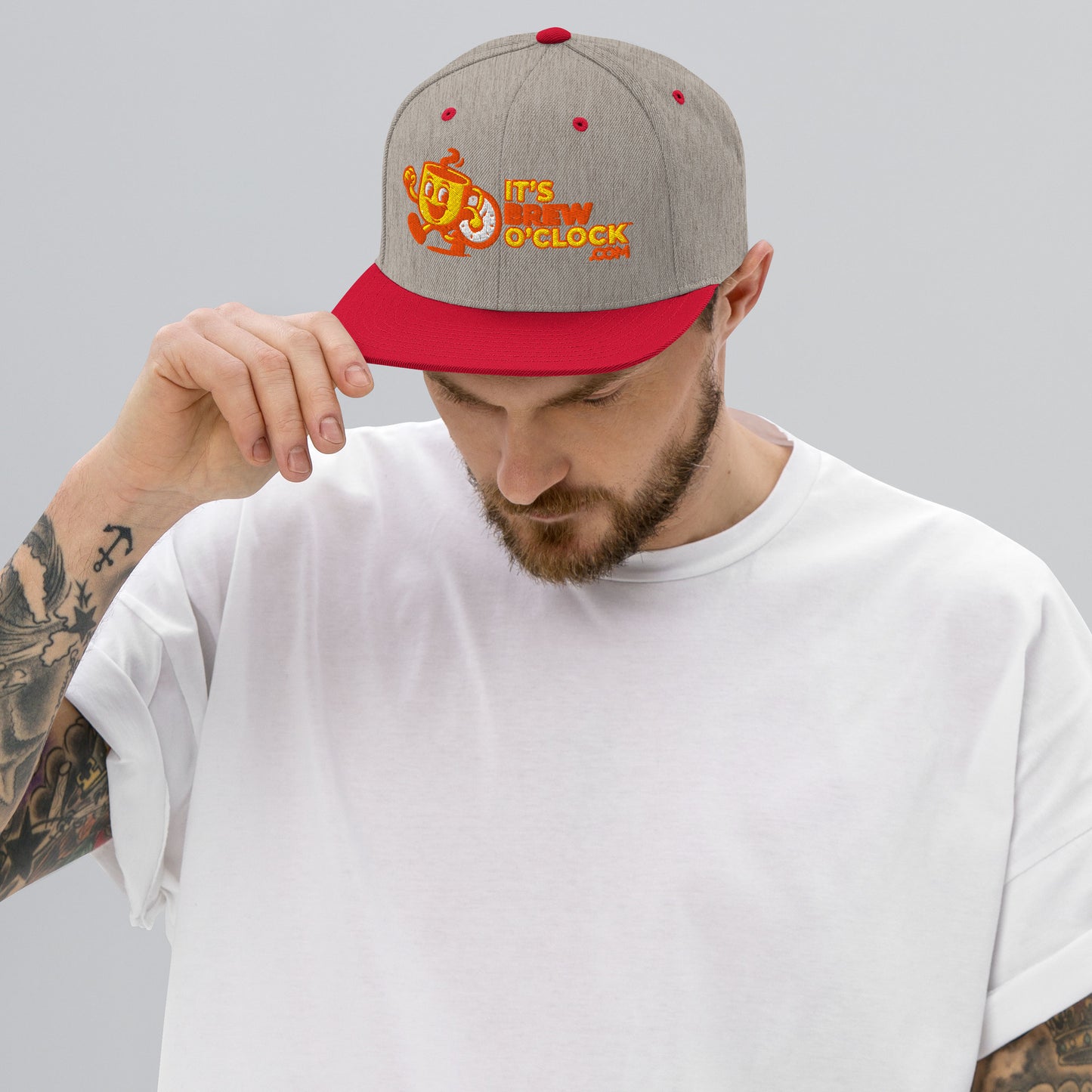 Classic Snap Back Hat - Grey Cap with Flat Red Brim