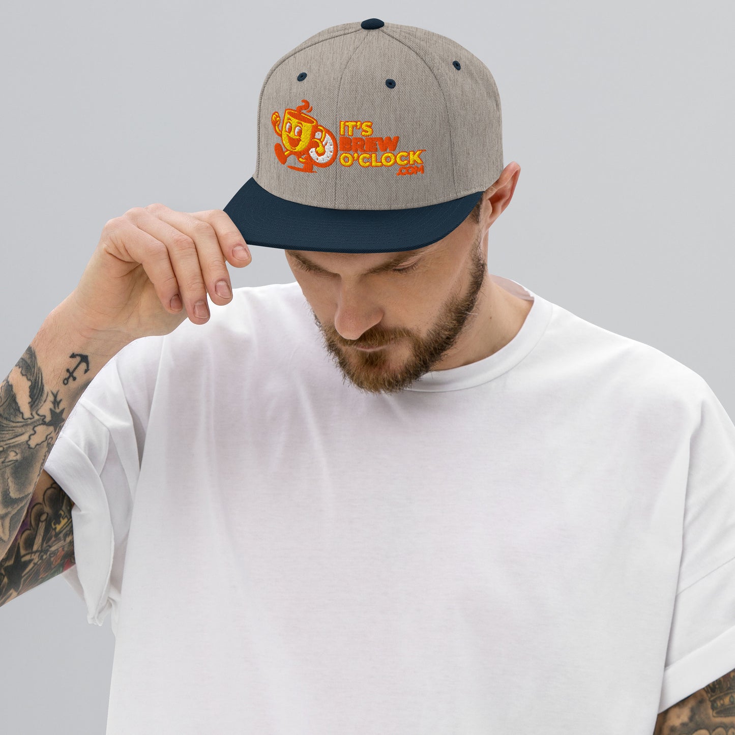 Classic Snap Back Hat - Grey Heather Cap with Flat Blue Brim