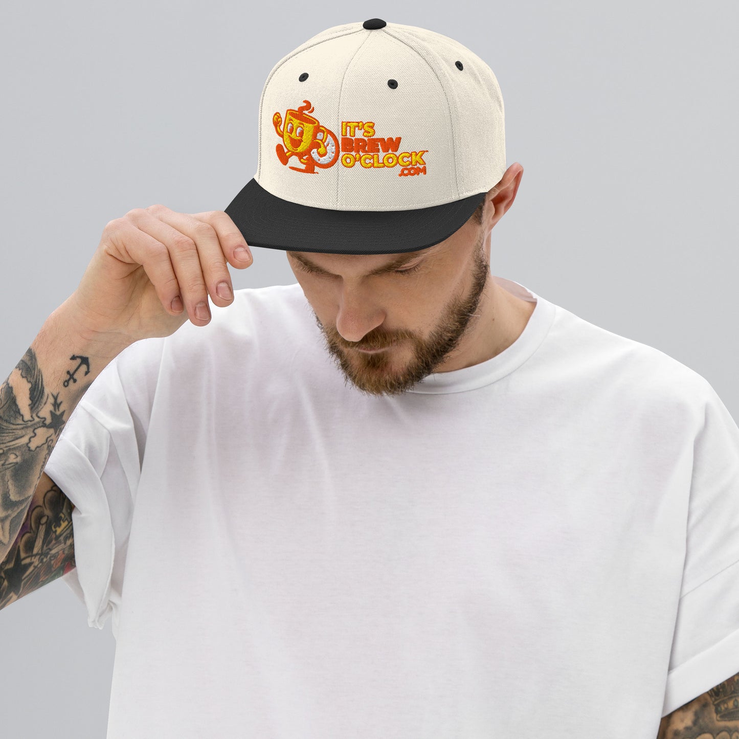 Classic Snap Back Hat - Natural Colored Cap with Flat Black Brim